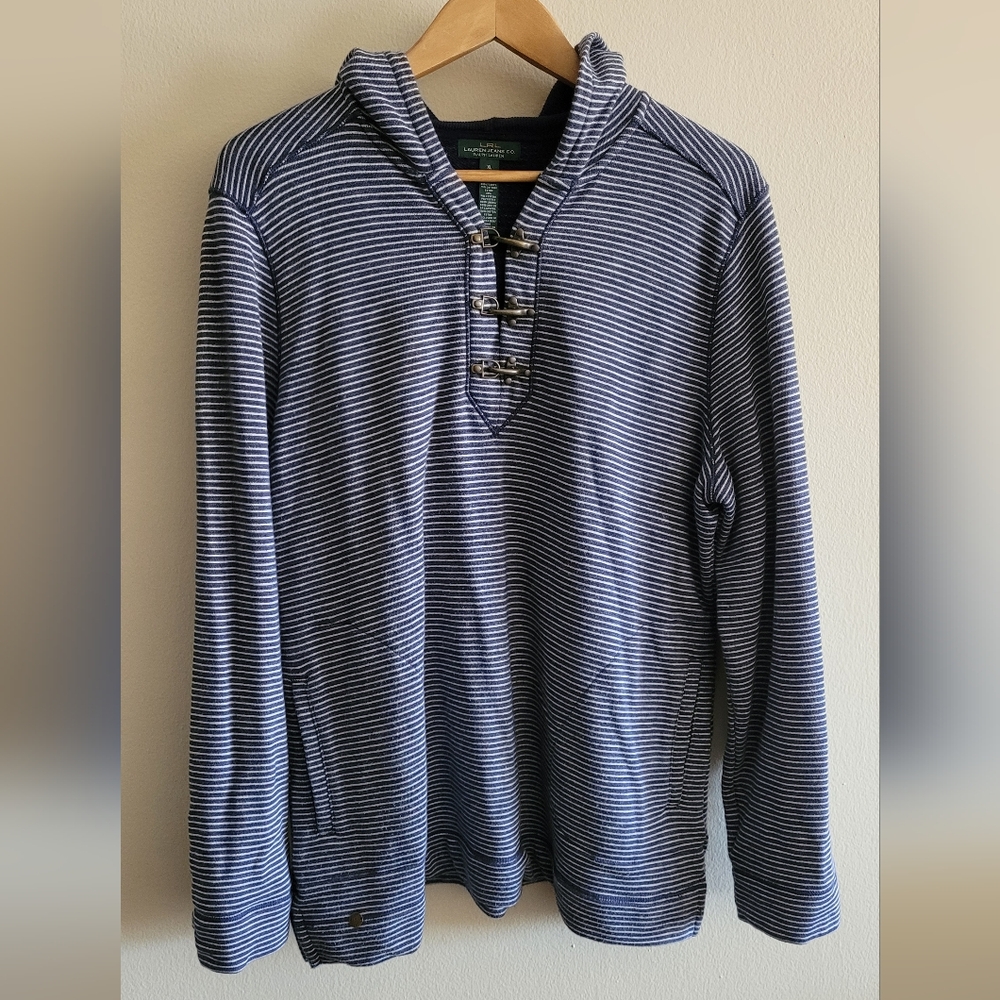 Ralph Lauren Navy Blue Striped Hooded Pullover with Brass Buckles, Women's XL